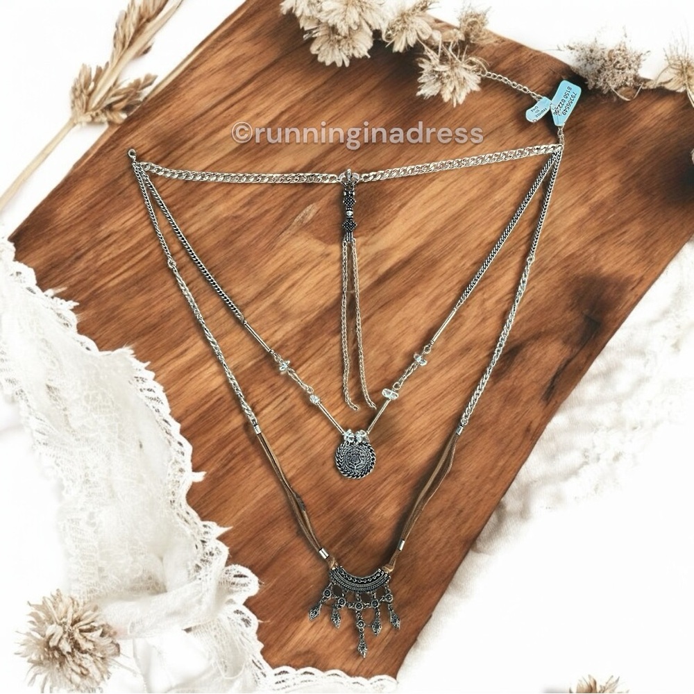 NWT Free People Can't Stand The Rain Layered Necklace Gold Silver & Brown Suede - Picture 11 of 13
